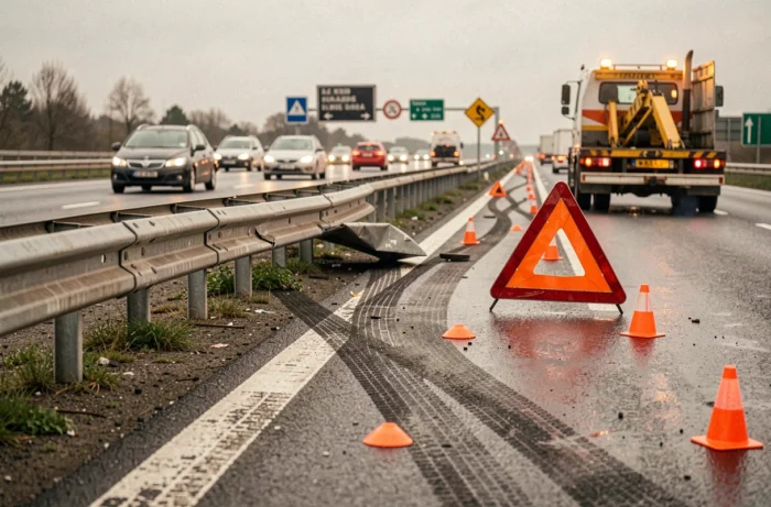 Glissière de sécurité endommagée sur une autoroute française après un accident avec des cônes de signalisation