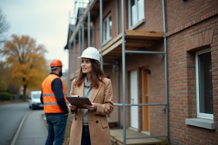 Femme accompagnée d'un chef de chantier devant une maison en cours de rénovation