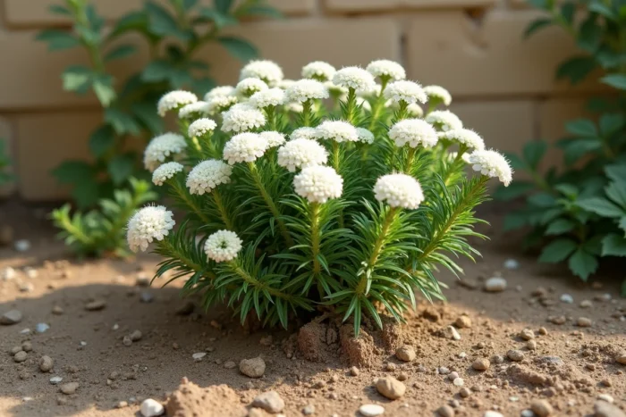 Achillée millefeuille (Achillea millefolium) en fleurs sur un sol sec et pauvre, avec racines profondes visibles dans une coupe de terrain aride