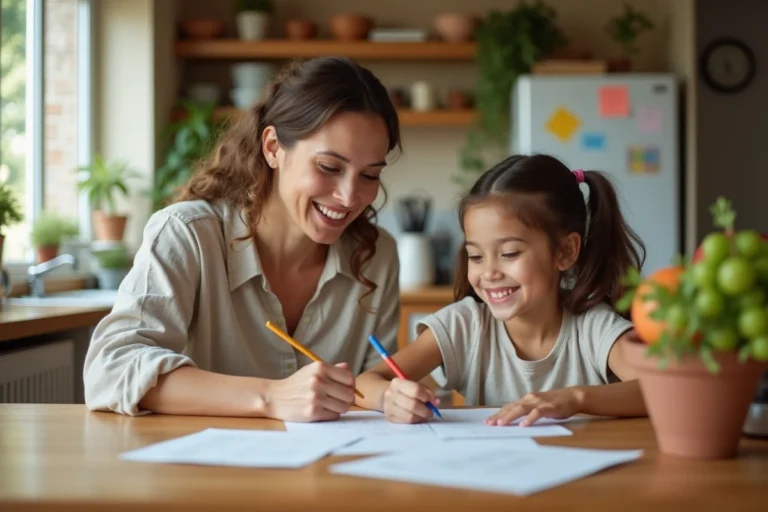 Mère aidant sa fille aux devoirs dans une cuisine familiale chaleureuse, illustration des services à la famille
