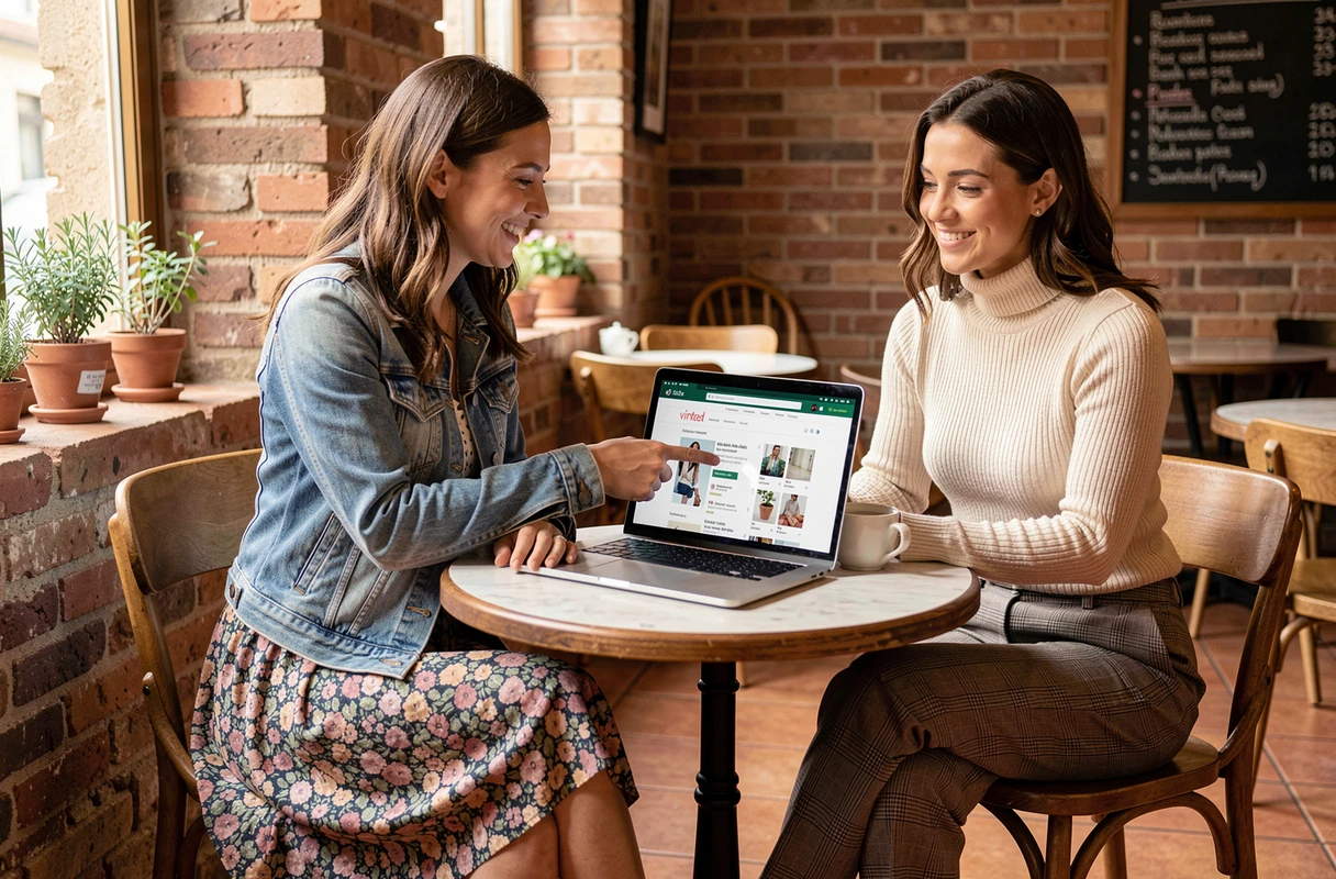 Deux amies comparant des looks Vinted inspirés de Demain Nous Appartient sur un ordinateur portable dans un café provençal