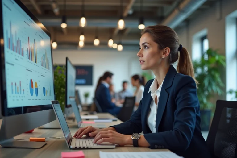 Professionnelle analysant des données marketing digitales sur un écran d'ordinateur dans un bureau moderne