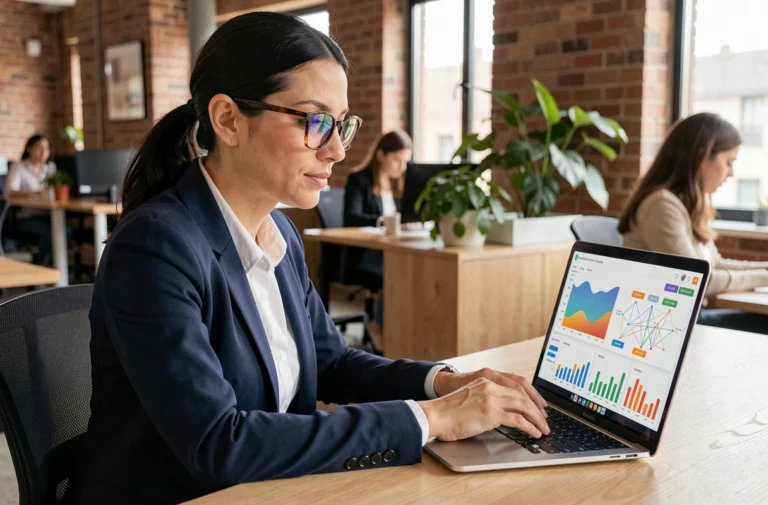 Femme analyste web examinant un tableau de bord de backlinks et de visibilité SEO sur un ordinateur portable dans un bureau moderne