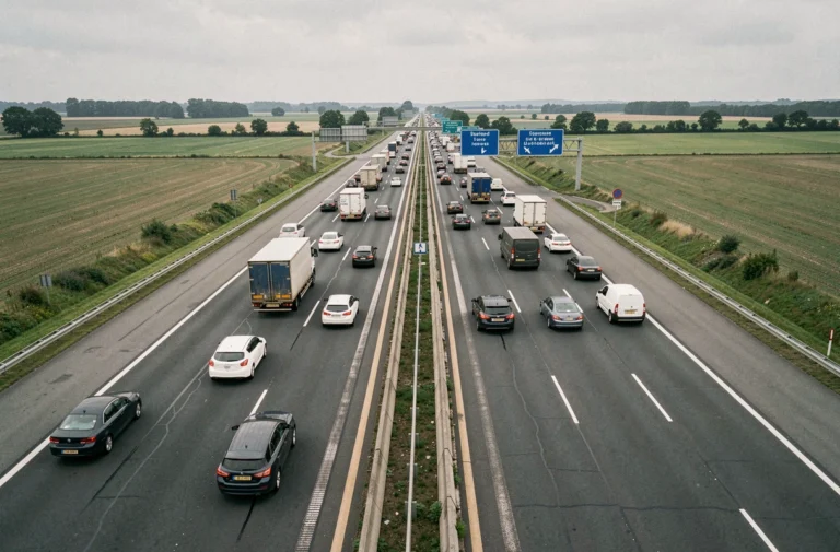 Vue aérienne d'une autoroute française très fréquentée avec de nombreux véhicules et panneaux de signalisation