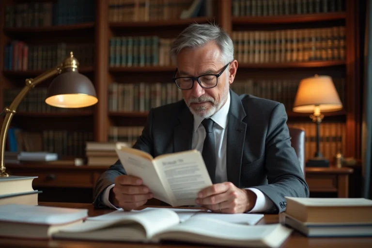 Avocat en costume lisant attentivement le Code civil français dans son bureau juridique
