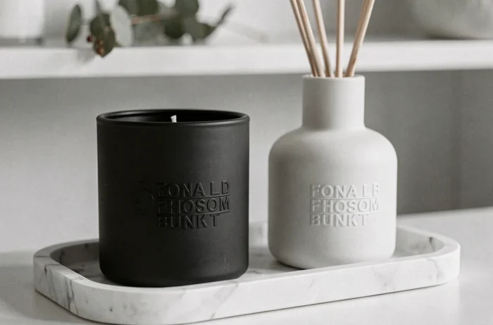 Bougie et diffuseur de parfum en céramique matte noire avec logo en relief sur un plateau en marbre