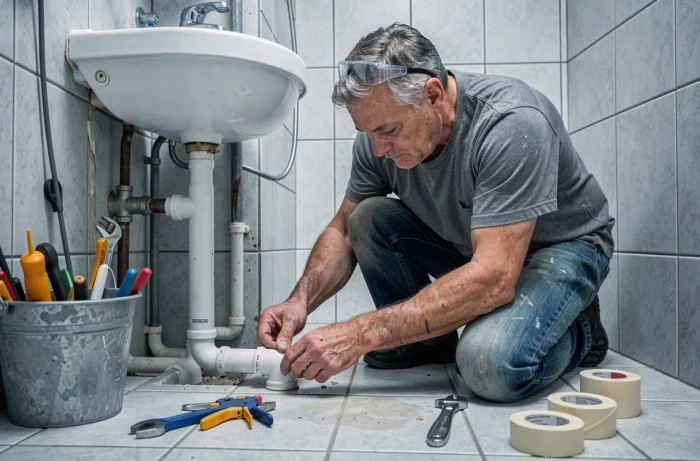 Artisan bricoleur installant une tuyauterie PVC sous un lavabo lors d'une rénovation de salle de bain