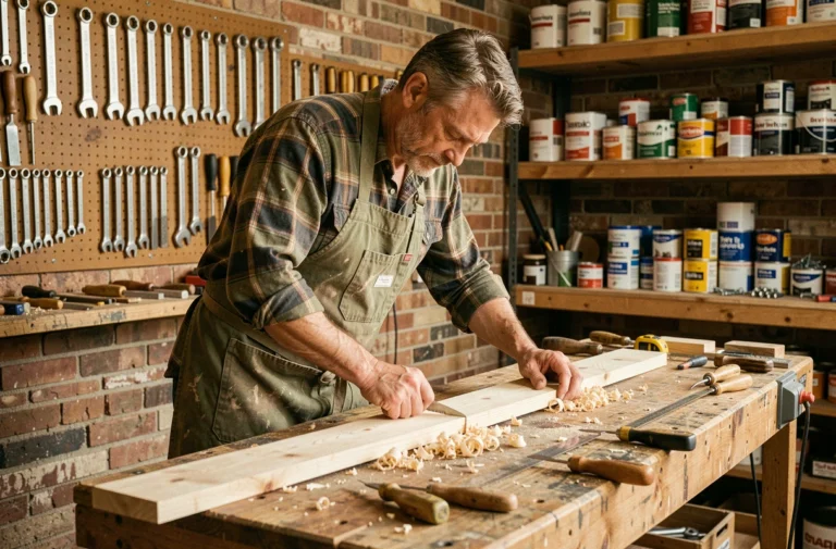 Homme bricoleur mesurant une planche en bois dans un atelier de garage bien équipé avec des outils accrochés au mur
