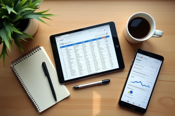 Vue aérienne d'un bureau avec tablette affichant un suivi de position de mots clés SEO, carnet de notes et smartphone