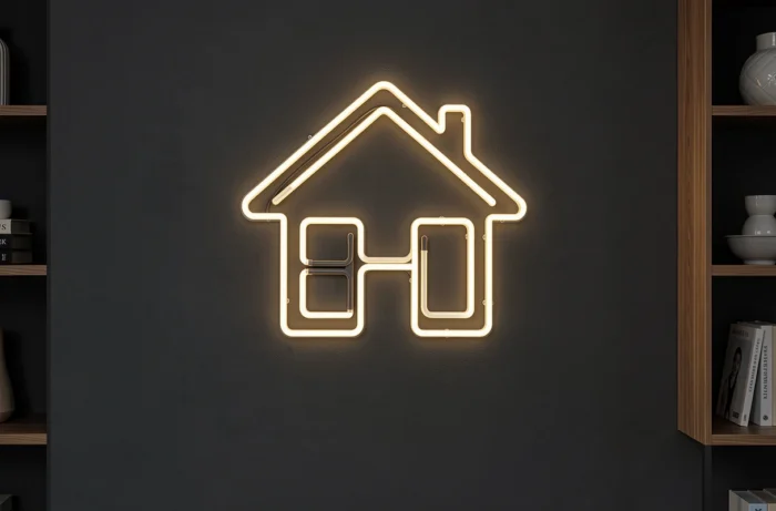 Cadre lumineux néon LED avec logo maison personnalisé monté sur un mur gris anthracite dans un intérieur moderne