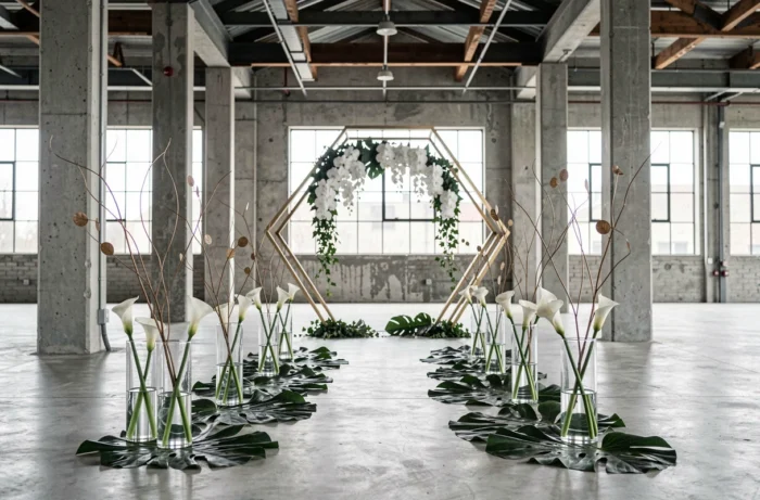 Allée de cérémonie de mariage minimaliste dans un loft industriel avec arche en laiton géométrique, orchidées blanches et vases en verre contenant des lys calla