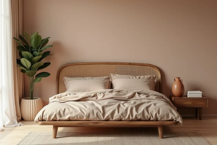 Chambre biophilique avec lit plateforme, tête de lit en rotin arrondie, mur en enduit à la chaux rose poudré et table de chevet en noyer massif
