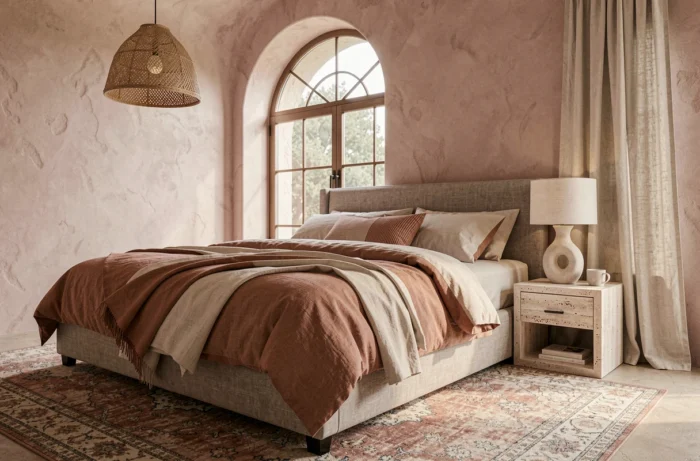 Chambre tendance aux murs en badigeon rose poussiéreux avec cadre de lit en lin taupe et lampe en rotin naturel