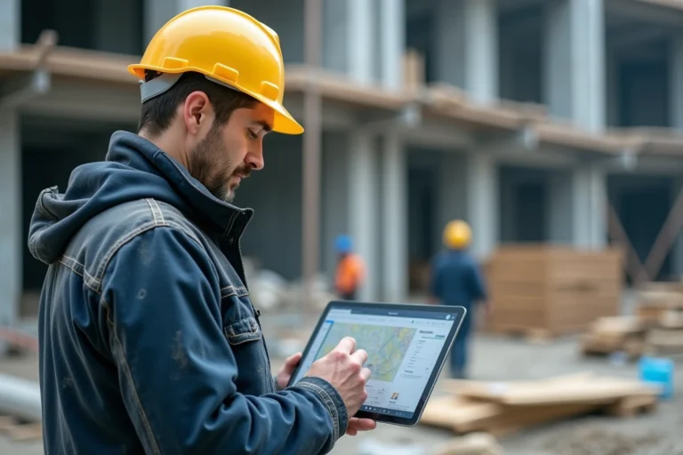 Chef de chantier BTP consultant une application de gestion de projet sur tablette sur un chantier de construction actif