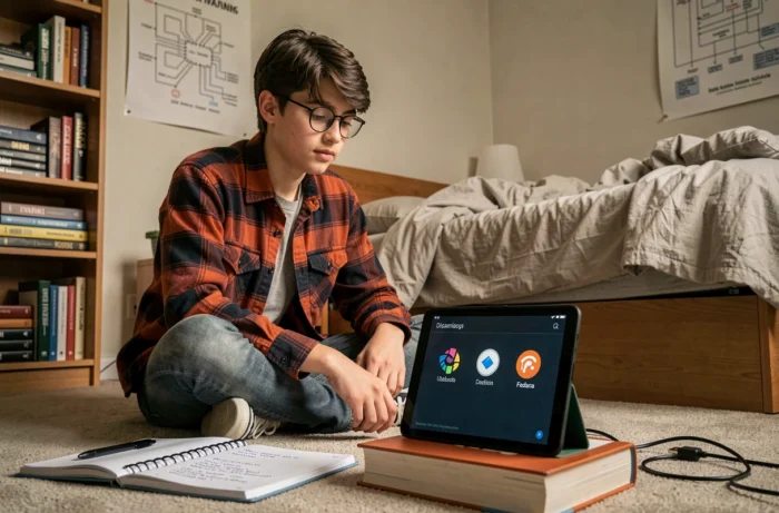 Adolescent choisissant une distribution Linux à installer sur sa tablette Android posée sur le sol de sa chambre