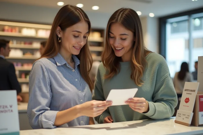 Deux femmes comparant leurs reçus et cartes de fidélité à la caisse d'une parfumerie
