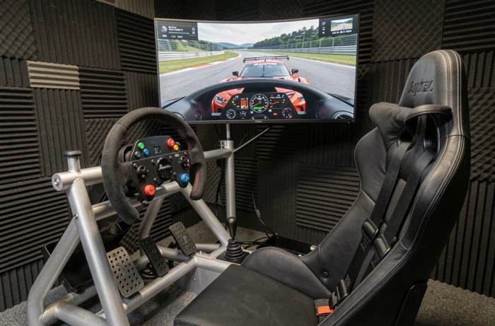 Cockpit de simulation de course complet avec volant Fanatec et pédales pour jouer à Assetto Corsa Competizione
