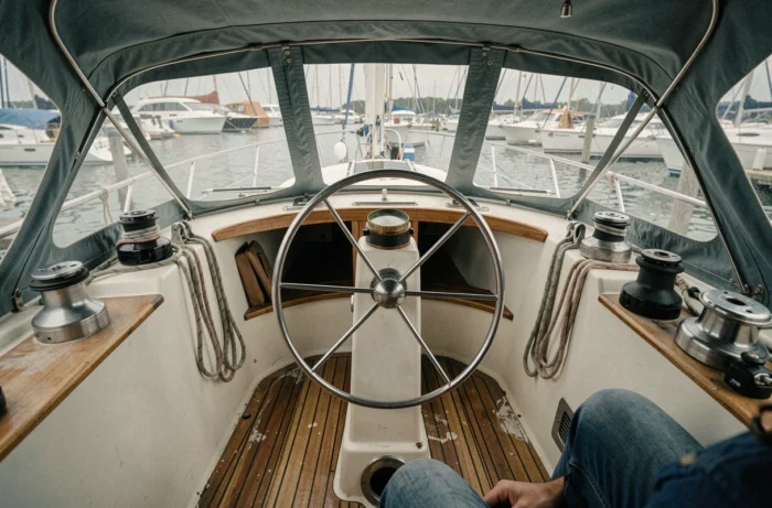 Cockpit intérieur d'un voilier en acier d'occasion avec barre à roue en inox et sole en teck usée, atmosphère authentique de navigation