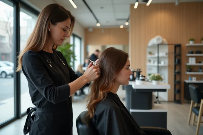 Coiffeuse professionnelle en train de sculpter une coupe mulet sur une cliente, vue de dos mettant en valeur les couches et la technique de ciseau
