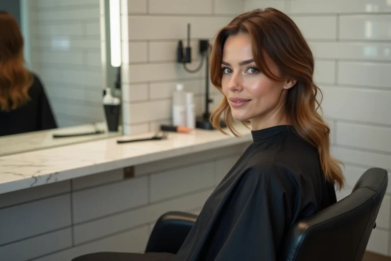 Jeune femme en salon de coiffure avec une coupe mulet moderne et effilée, vue en miroir dans un fauteuil de coiffeur professionnel