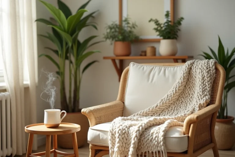 Coin détente cosy avec fauteuil en lin crème, plaid tricoté, plante verte et diffuseur d'arômes dans un salon bien-être