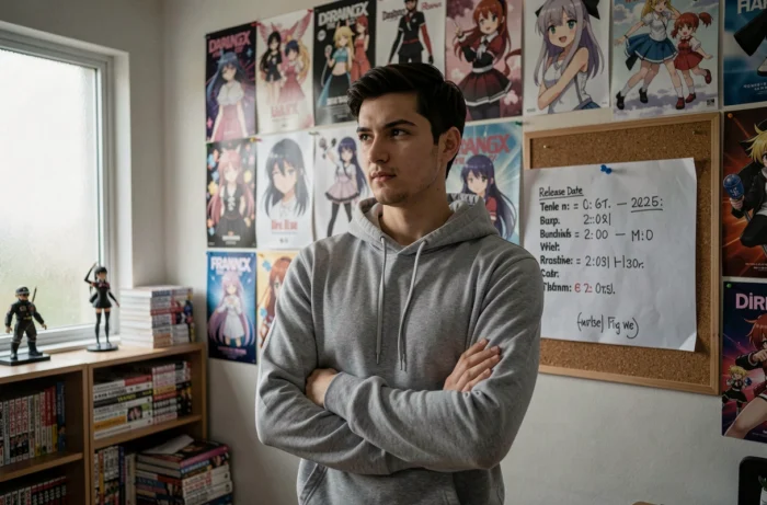 Jeune fan devant un mur de posters Darling in the Franxx avec une frise chronologique de la saison 2