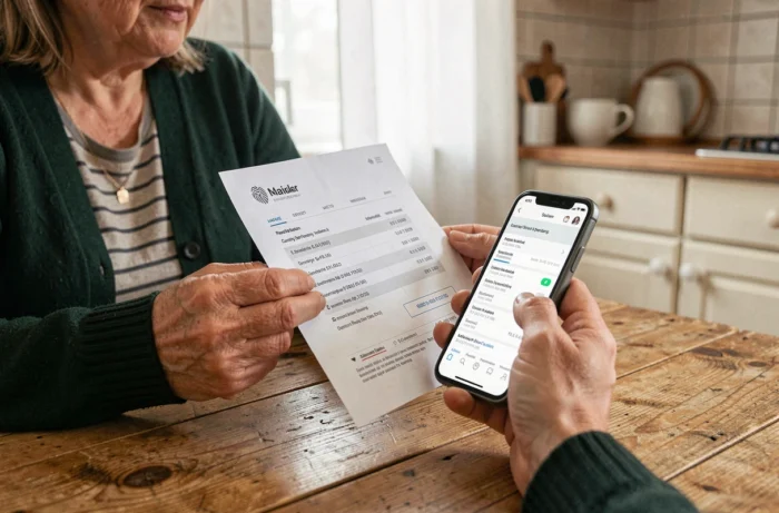 Femme comparant une ancienne fiche de paie papier avec son archive numérique sur smartphone à la maison