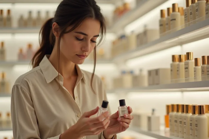 Femme comparant deux parfums dans une boutique de cosmétiques type Marionnaud ou Nocibé