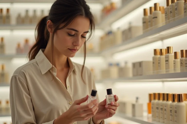 Femme comparant deux parfums dans une boutique de cosmétiques type Marionnaud ou Nocibé