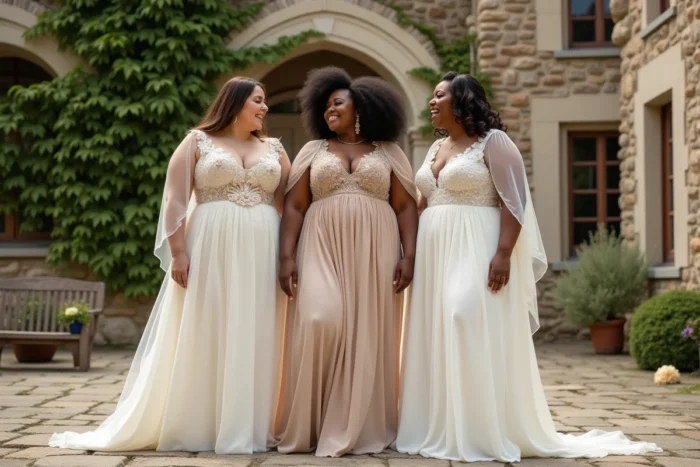 Trois femmes grandes tailles portant des robes trapèze de mariée différentes sur la terrasse d'un château rustique