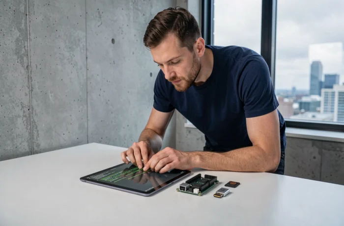 Homme configurant Linux sur une tablette avec terminal en ligne de commande et matériel informatique sur bureau