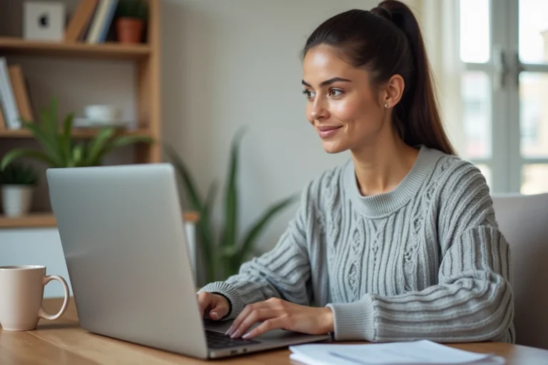 Femme connectée à son espace personnel My Arkevia sur un ordinateur portable dans un bureau à domicile