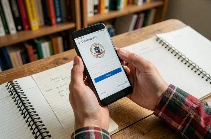 Gros plan sur un smartphone affichant l'interface de connexion à la messagerie INSA Rouen, tenu dans les mains d'un étudiant