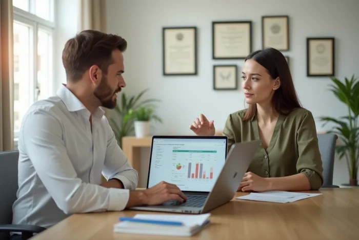 Deux professionnels discutant d'un financement immobilier et d'une simulation de prêt en réunion