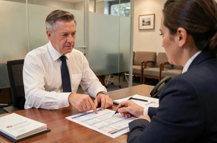 Conseiller bancaire expliquant à un client comment identifier le titulaire d'un IBAN dans une agence bancaire