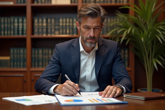 Un conseiller financier expérimenté analyse des documents de gestion de patrimoine dans un bureau professionnel élégant