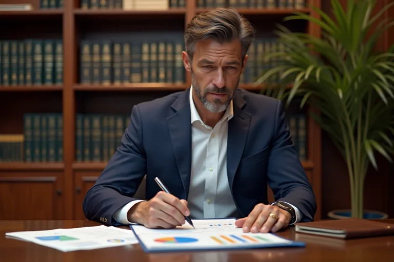 Un conseiller financier expérimenté analyse des documents de gestion de patrimoine dans un bureau professionnel élégant