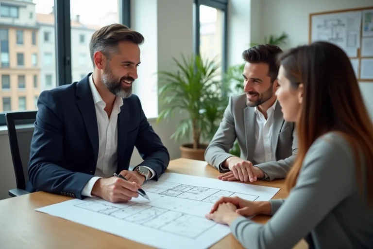Conseiller immobilier présentant des plans de projet à un couple dans une agence moderne