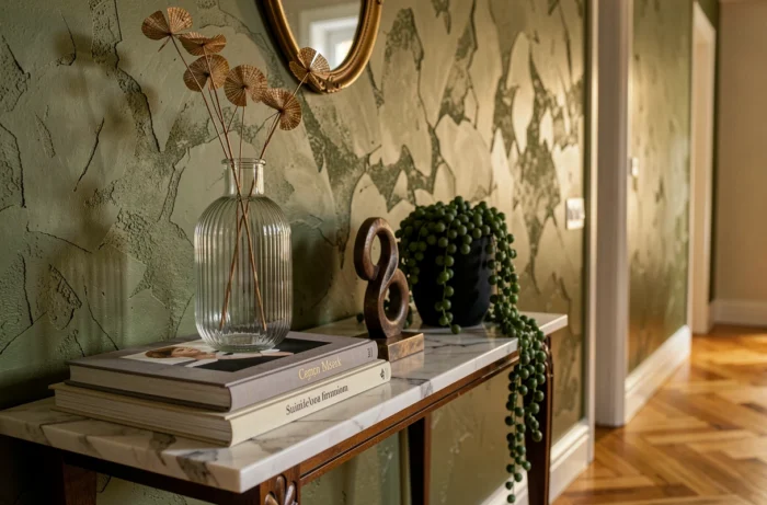 Console d'entrée tendance avec vase en verre côtelé, sculpture en bronze et mur en stuc vénitien vert olive