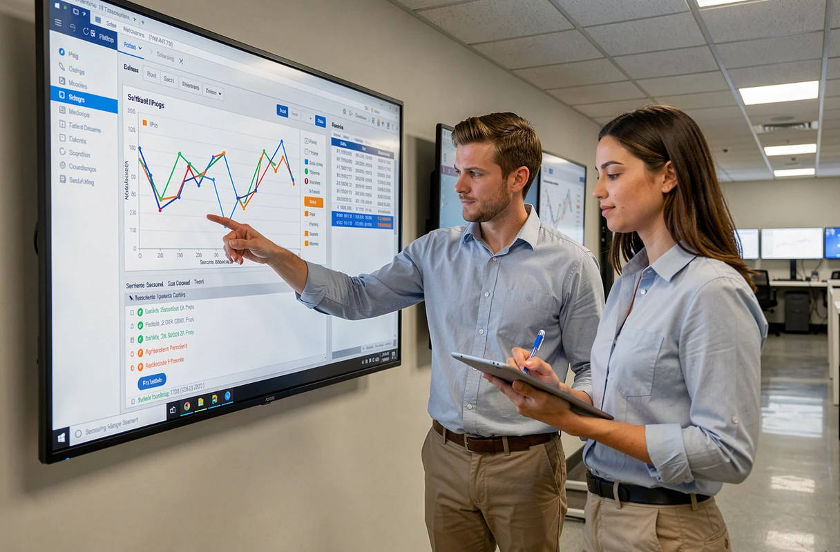 Deux consultants informatiques analysant un tableau de bord de surveillance réseau lors d'un audit en entreprise