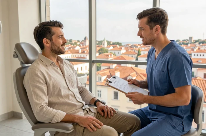 Patient en consultation dans un cabinet dentaire international avec vue sur une ville étrangère