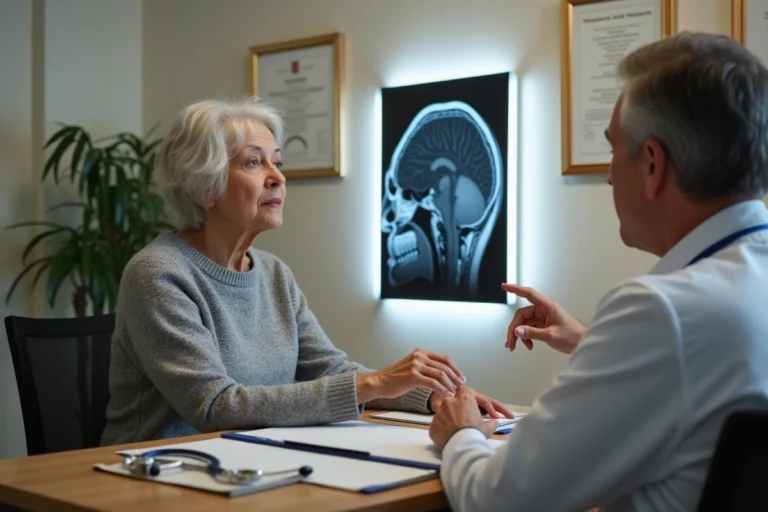 Une femme âgée en consultation neurologique examine des images IRM cérébrales avec son médecin pour diagnostiquer une leucopathie vasculaire Fazekas 2