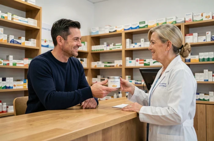 Homme consultant une pharmacienne sur l'utilisation sûre des pastilles Vichy et leurs effets secondaires