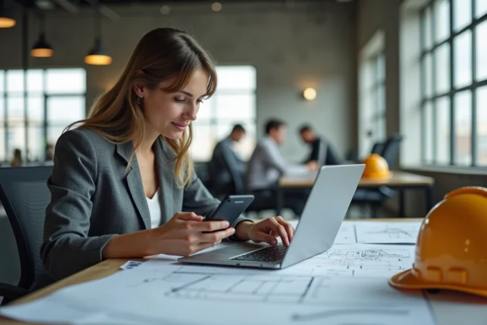 Coordinatrice de projet BTP comparant des plateformes de gestion sur ordinateur et smartphone dans un bureau professionnel