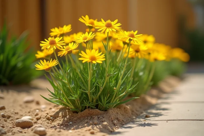 Coreopsis (Coreopsis grandiflora) en floraison généreuse avec ses fleurs jaune vif sur sol sec et sableux, racines fibreuses visibles en coupe