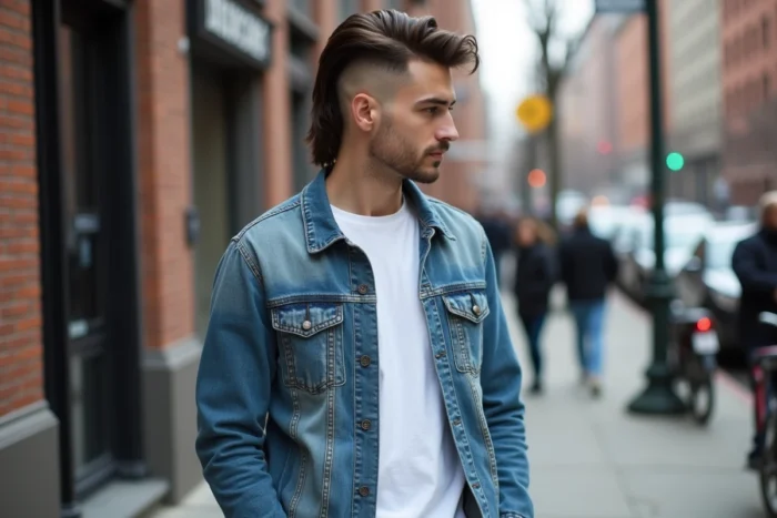 Homme trentenaire arborant une coupe mulet moderne avec dégradé sur les côtés, photographié en extérieur urbain dans une veste en jean vintage