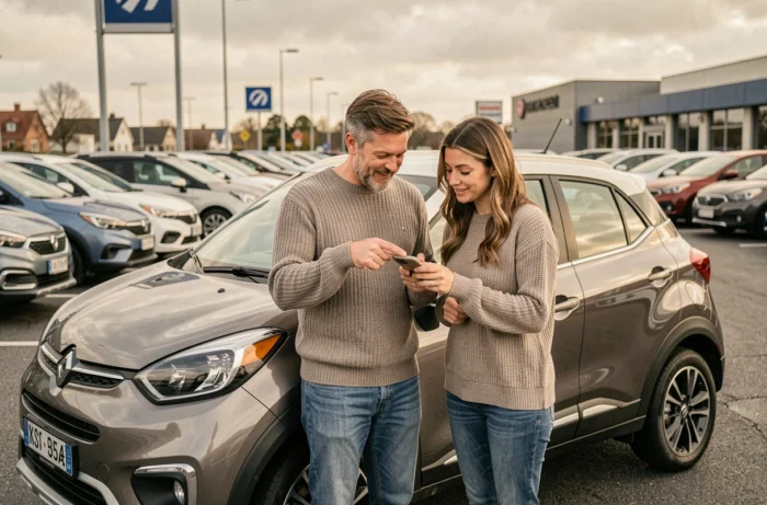 Couple consultant un smartphone pour choisir une voiture sur un parking de concession automobile