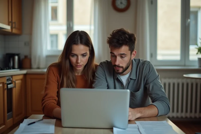 Jeune couple consultant le site gouvernemental pour une demande de logement social Syplo ou recours Dalo depuis leur appartement
