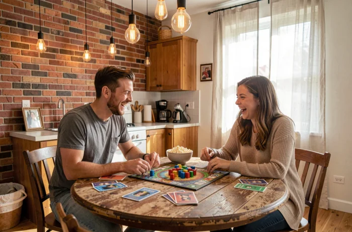 Couple jouant à un jeu de société autour d'une table en bois dans un appartement chaleureux