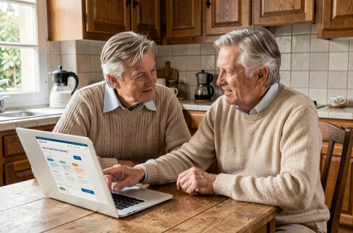 Couple senior consultant une mutuelle santé en ligne dans une cuisine française